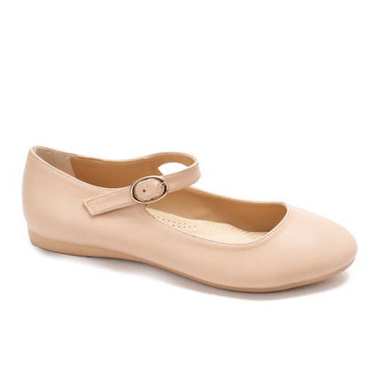Faux Leather Mary Janes Flats - Beige