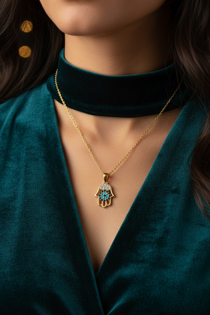 Stainless Steel Crystal Hamsa Hand Pendant Necklace – Gold