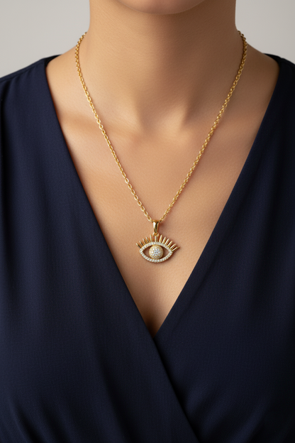 Stainless Steel Crystal Eye Pendant Necklace – Gold