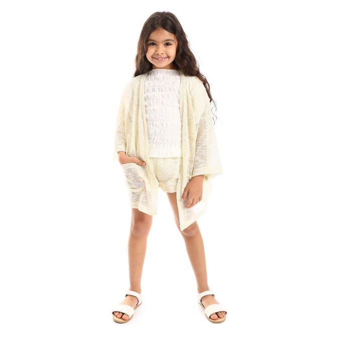 3/4 Sleeves Knitted Pattern Open Neckline Girls Cardigan Set