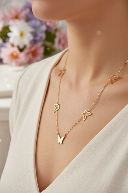Stainless Steel Multi Butterfly Charm Necklace – Gold