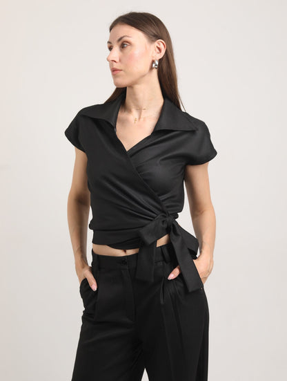 Blended Fabric Wrap Blouse – Black