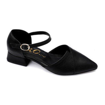 Faux Leather Pointed-Toe Low Block Heel - Black