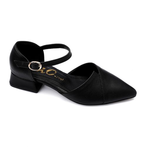 Faux Leather Pointed-Toe Low Block Heel - Black