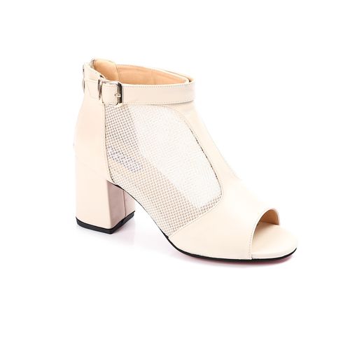 Faux Leather Mesh Block Heel Sandals - Light Beige