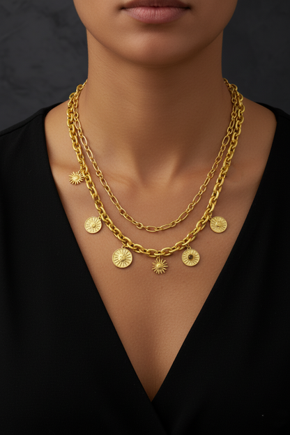 Zinc Alloy Double-Layered Sun Pendant Necklace – Gold