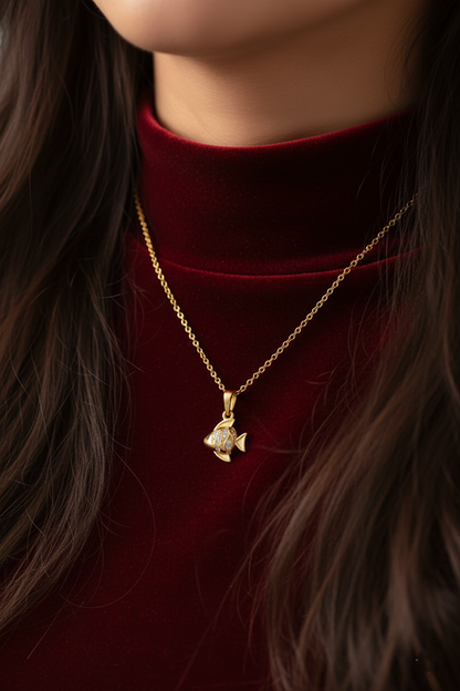 Stainless Steel Crystal Fish Pendant Necklace – Gold
