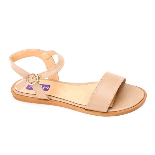Faux Leather Ankle Strap Flat Sandals – Beige