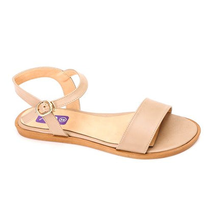 Faux Leather Ankle Strap Flat Sandals – Beige