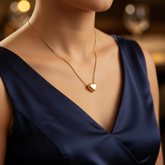 Stainless Steel Puffed Heart Pendant Necklace – Gold