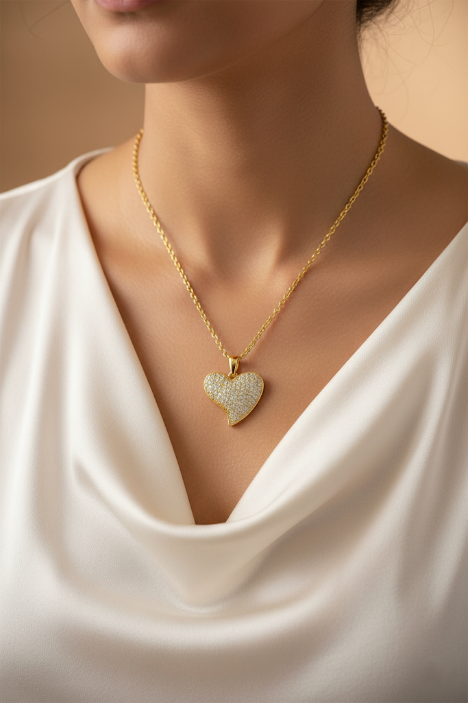 Stainless Steel Pave Crystal Heart Pendant Necklace – Gold