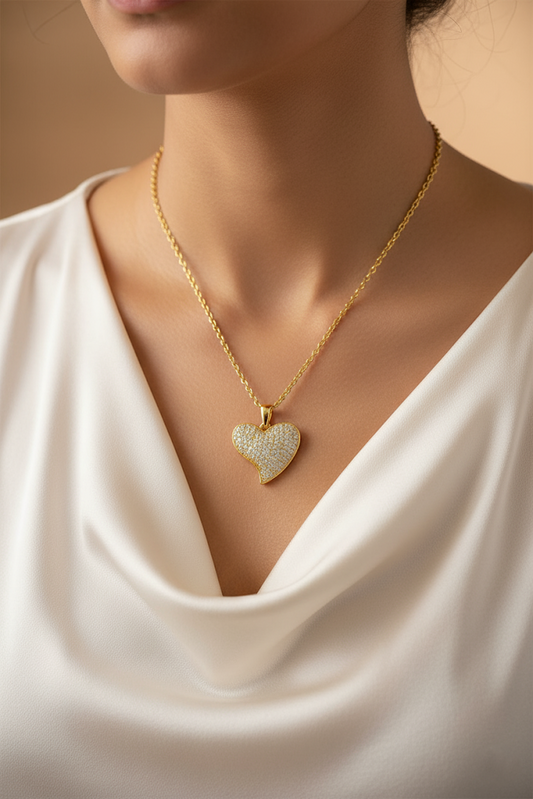 Stainless Steel Pave Crystal Heart Pendant Necklace – Gold