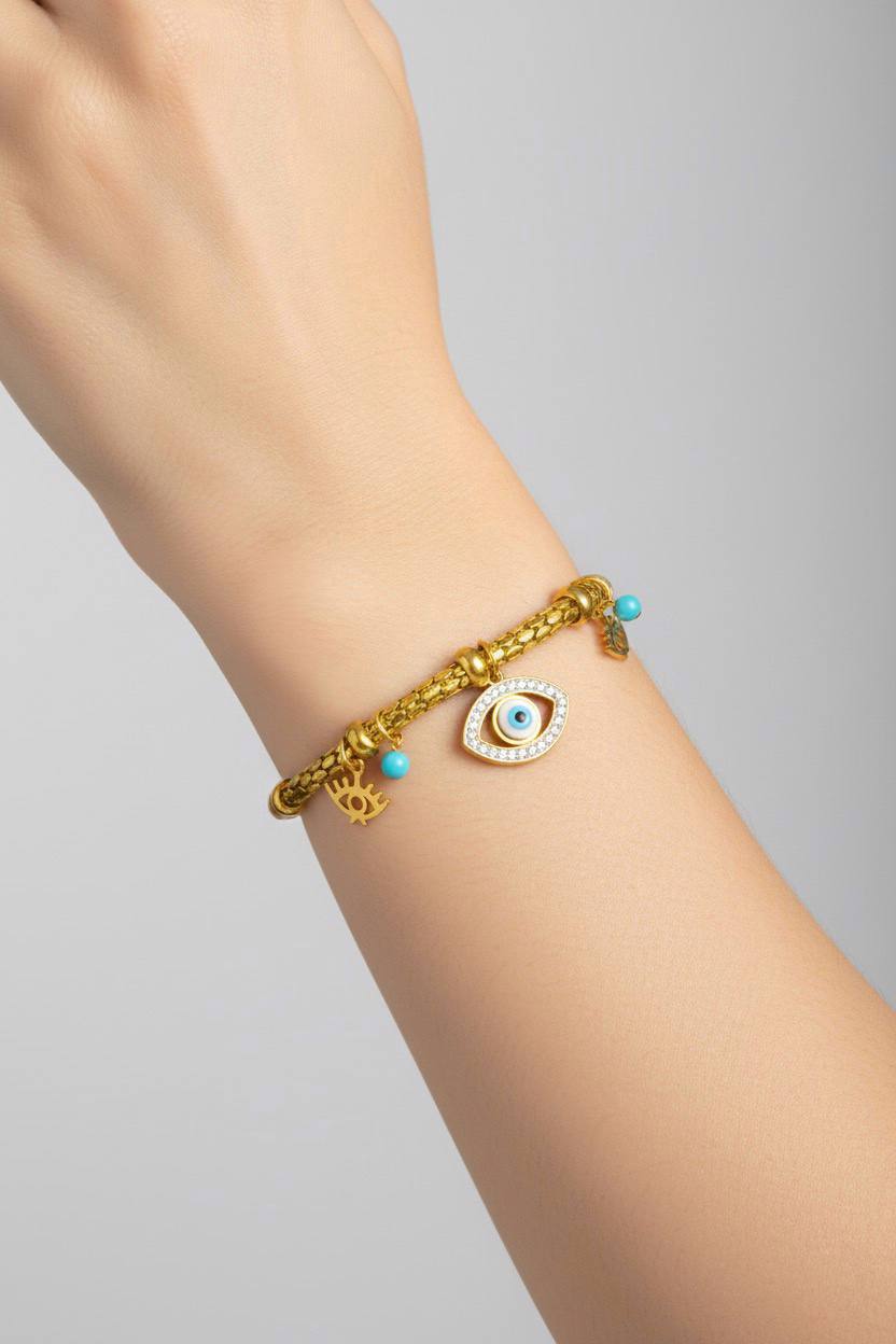 Stainless Steel Evil Eye & Turquoise Bead Bracelet – Gold