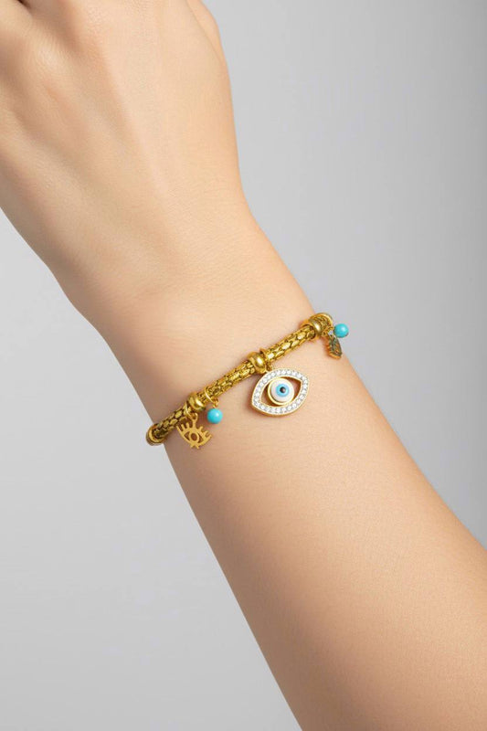 Stainless Steel Evil Eye & Turquoise Bead Bracelet – Gold