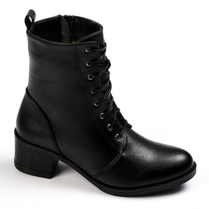 Faux Leather Lace-Up Block Heel Boots – Black