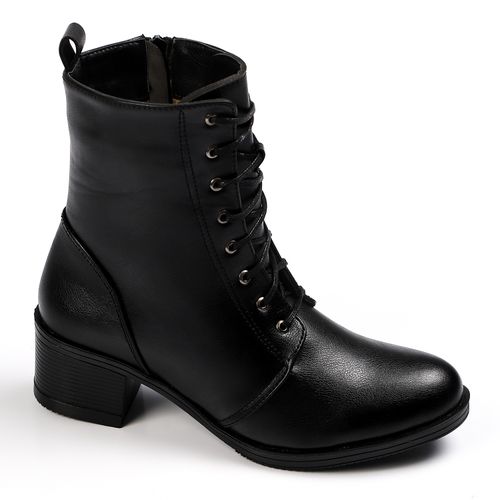Faux Leather Lace-Up Block Heel Boots – Black