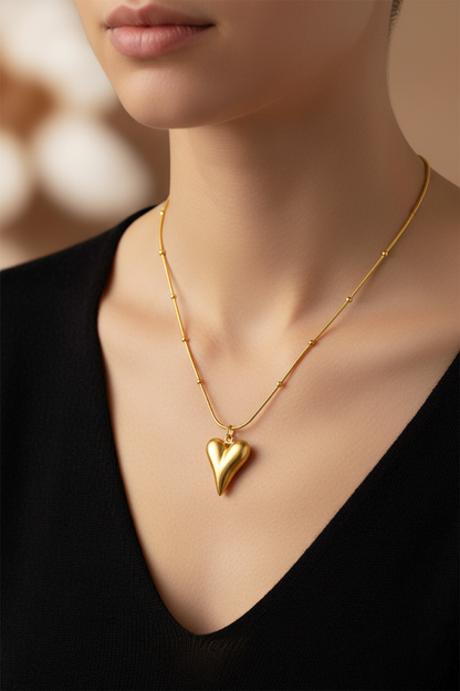 Stainless Steel Puffed Heart Pendant Necklace – Gold