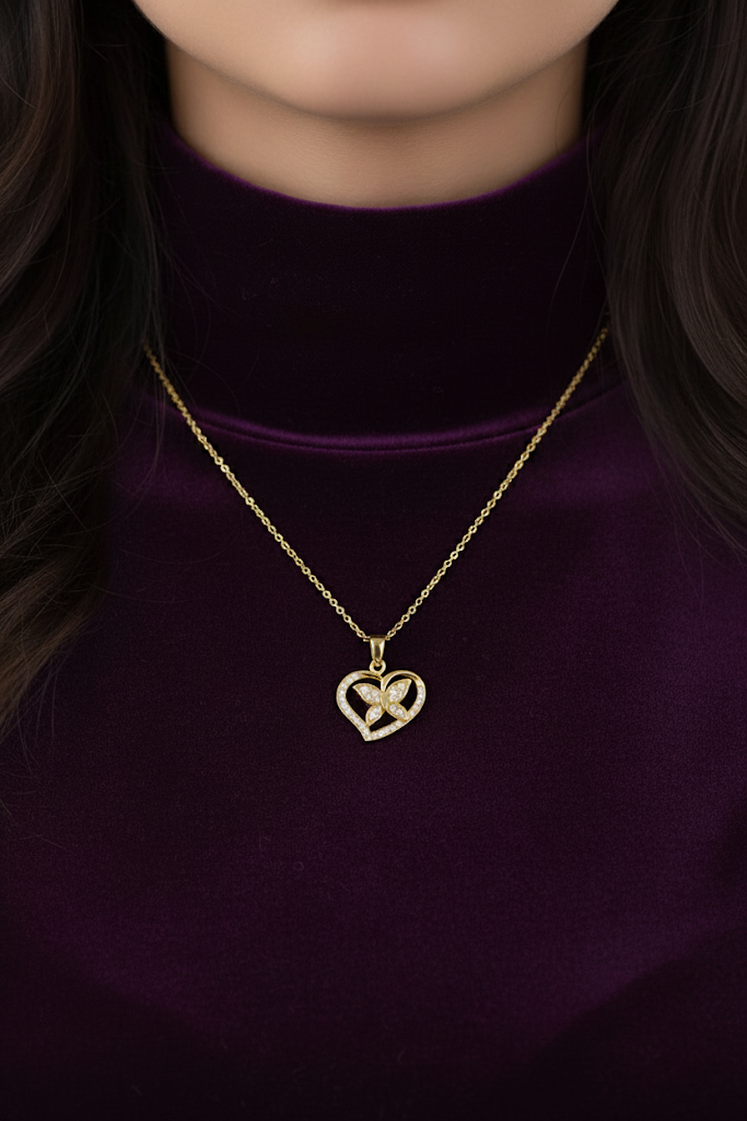 Stainless Steel Heart and Butterfly Crystal Pendant Necklace – Gold