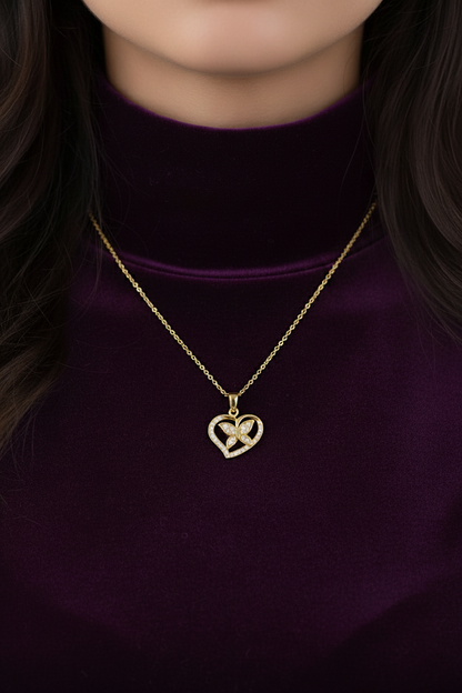 Stainless Steel Heart and Butterfly Crystal Pendant Necklace – Gold
