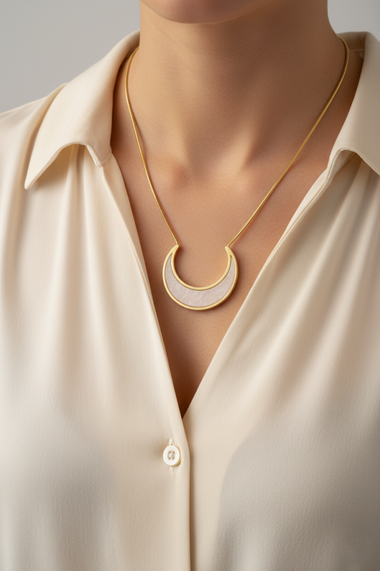 Stainless Steel Crescent Pendant Necklace with White Inlay – Gold