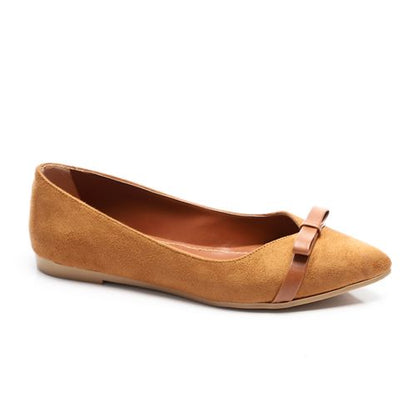 Suede Pointed Toe Flats with Bow Accent – Camel