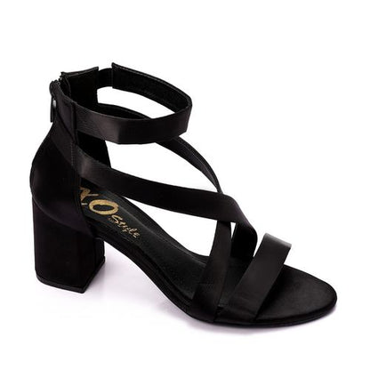 Satin Block Heel Sandals - Black