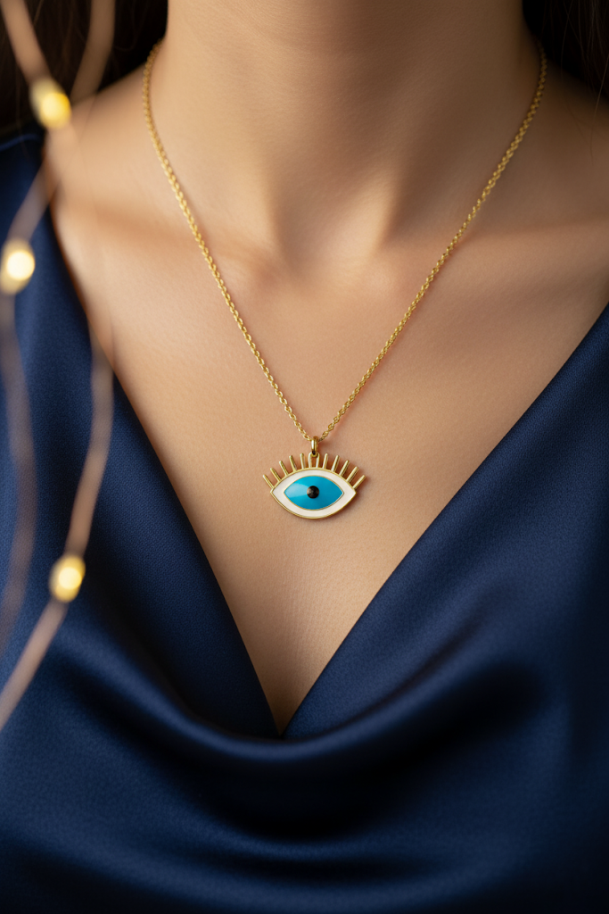 Stainless Steel Colorful Blue Eye Pendant Necklace – Gold