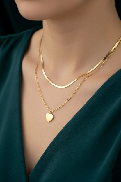 Stainless Steel Two-Layer Heart Pendant Necklace – Gold