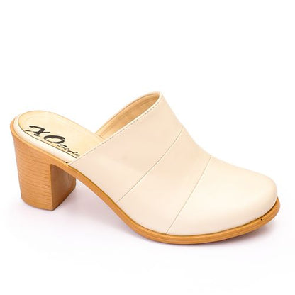 Faux Leather Block Heel Mules - Beige