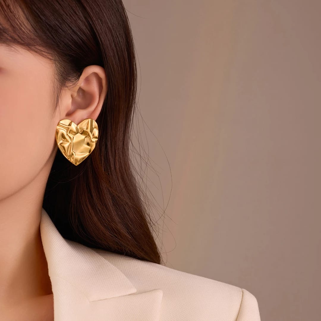 Gold-Plated Textured Heart Earrings