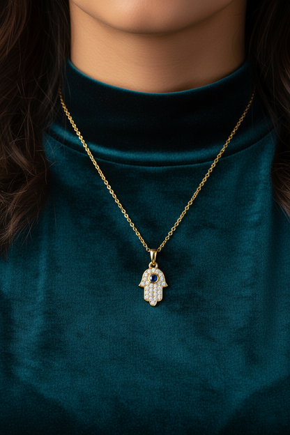 Stainless Steel Crystal Paved Hamsa Hand Pendant Necklace – Gold
