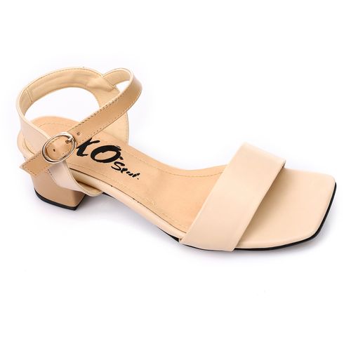 Faux Leather Block Heel Sandals - Beige