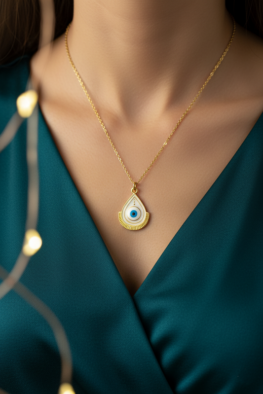 Stainless Steel Evil Eye Teardrop Pendant Necklace – Gold
