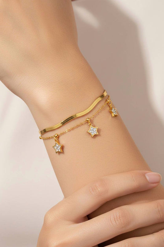 Stainless Steel Double Layer Crystal Star Charm Bracelet – Gold