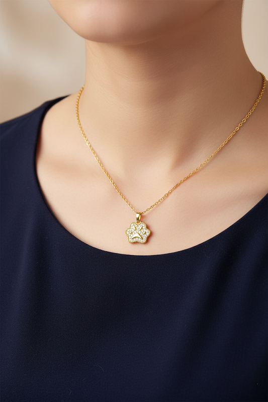Stainless Steel Crystal Paw Print Pendant Necklace – Gold