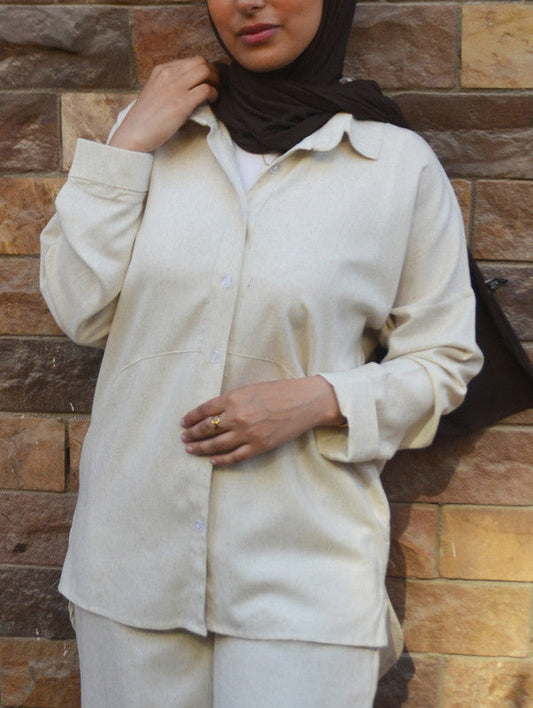 Linen Polka Dot Shirt & Pants Set with Belt – Beige