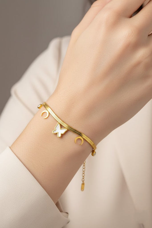 Stainless Steel Butterfly & Crescent Charm Bracelet – Gold