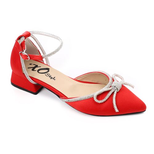 Satin Low Block Heel Shoes - Red