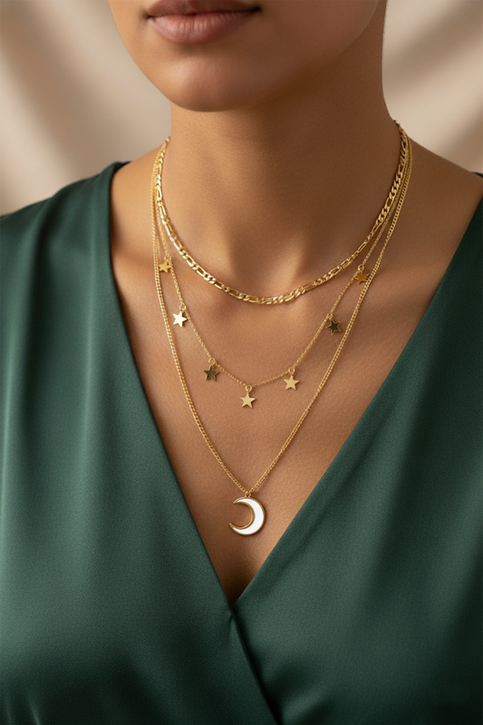 Stainless Steel Layered Crescent & Star Charm Necklace – Gold