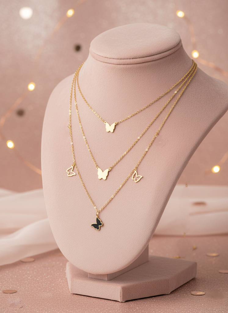 Stainless Steel Multi-Layered Butterfly Pendant Necklace – Gold