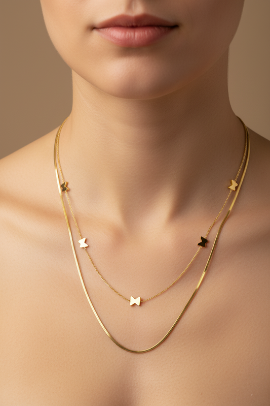 Stainless Steel Double Layer Butterfly Pendant Necklace – Gold