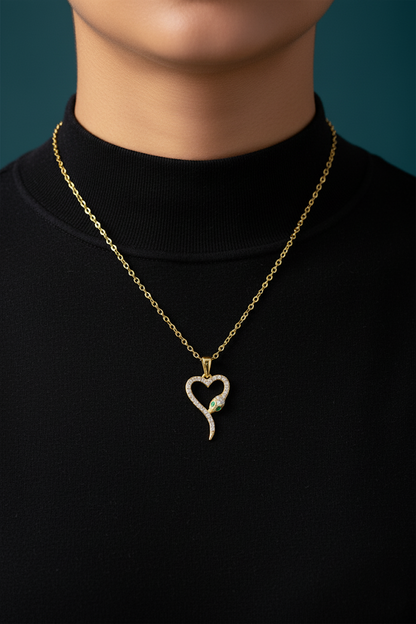 Stainless Steel Snake Heart Pendant Necklace – Gold