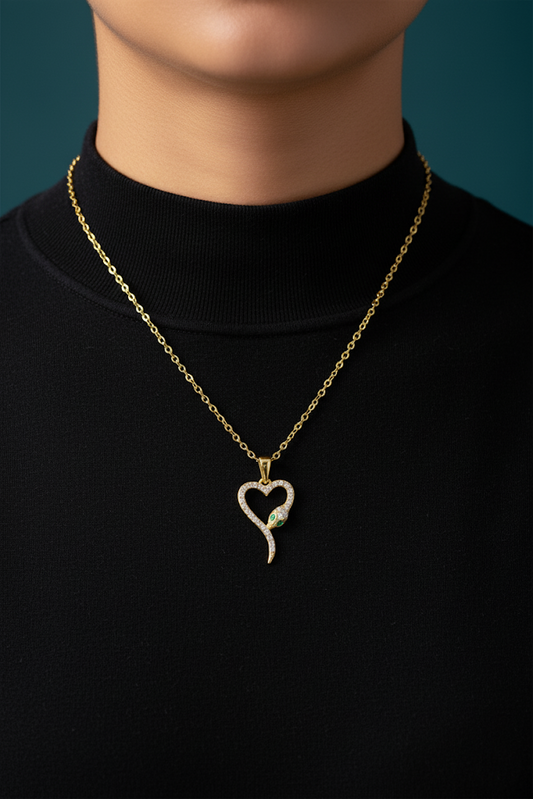 Stainless Steel Snake Heart Pendant Necklace – Gold