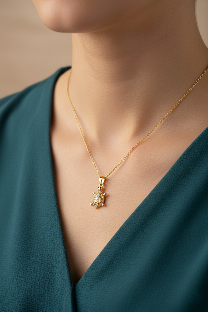 Stainless Steel Crystal Turtle Pendant Necklace – Gold