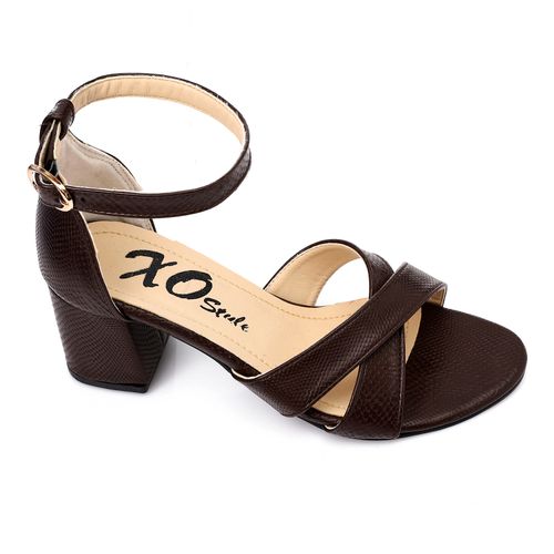Faux Leather Block Heel Sandals - Brown