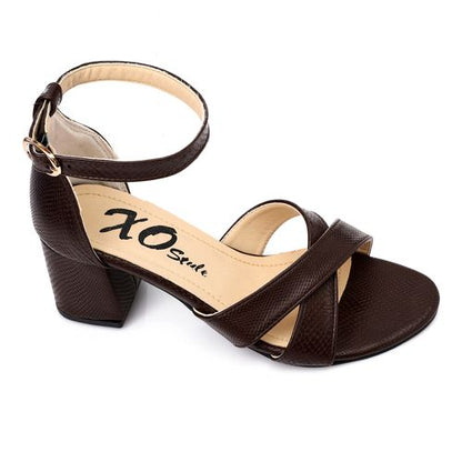 Faux Leather Block Heel Sandals - Brown