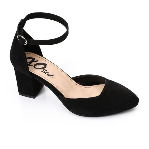 Faux Suede Pointed-Toe Ankle Strap Heels - Black