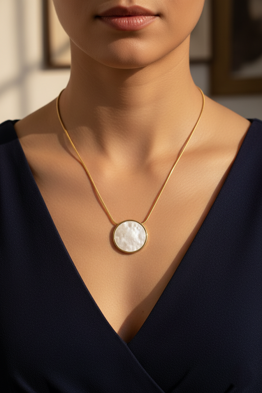 Stainless Steel Round Pendant Necklace with Shell Inlay – Gold