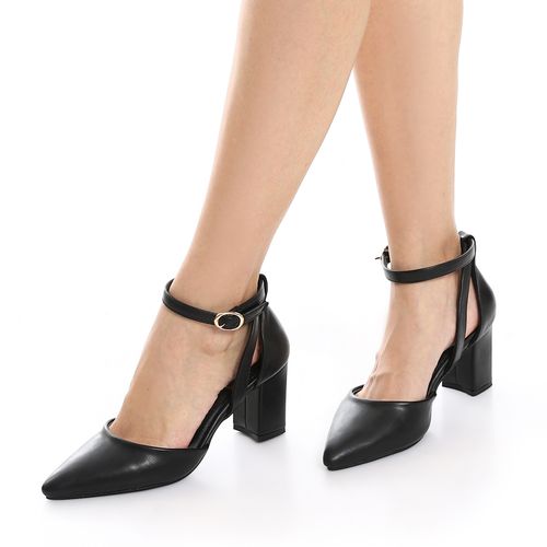 Faux Leather Pointed-Toe Block Heels - Black