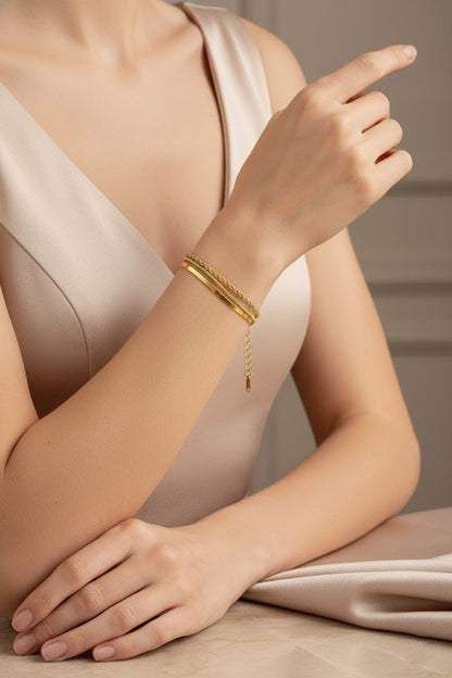 Stainless Steel Double Rope & Curb Chain Bracelet – Gold